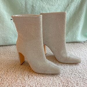 Forever 21 Rhinestone Silver Heeled Boots Size 8, Metallic Ankle Booties Shimmer